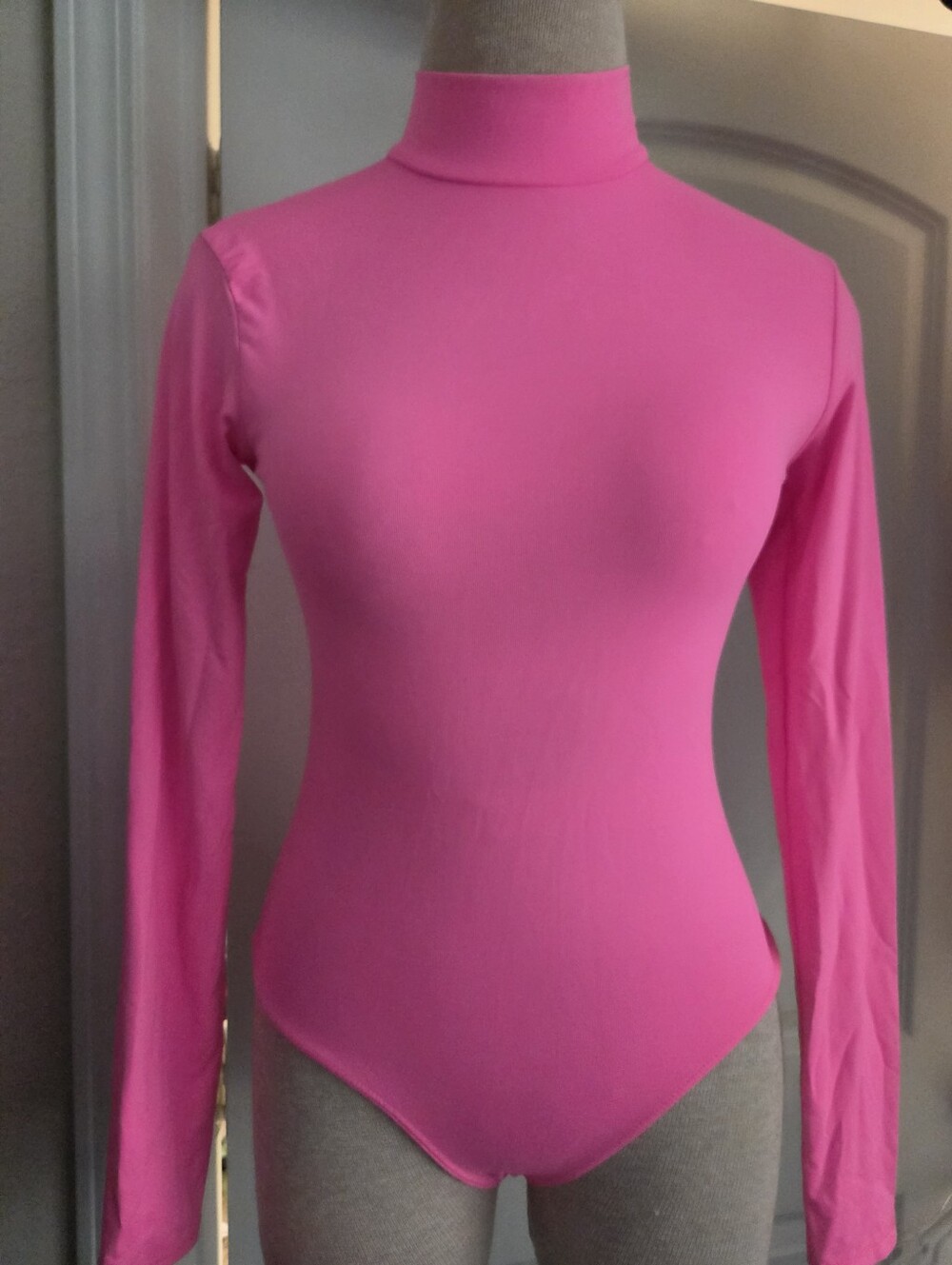 Long Sleeve Mock Neck Women’s Bodysuit - Hot Pink